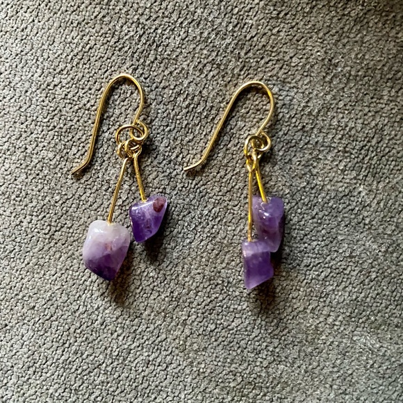 Raw Amethyst Drop earrings, gold plated, Vintage - Picture 3 of 5